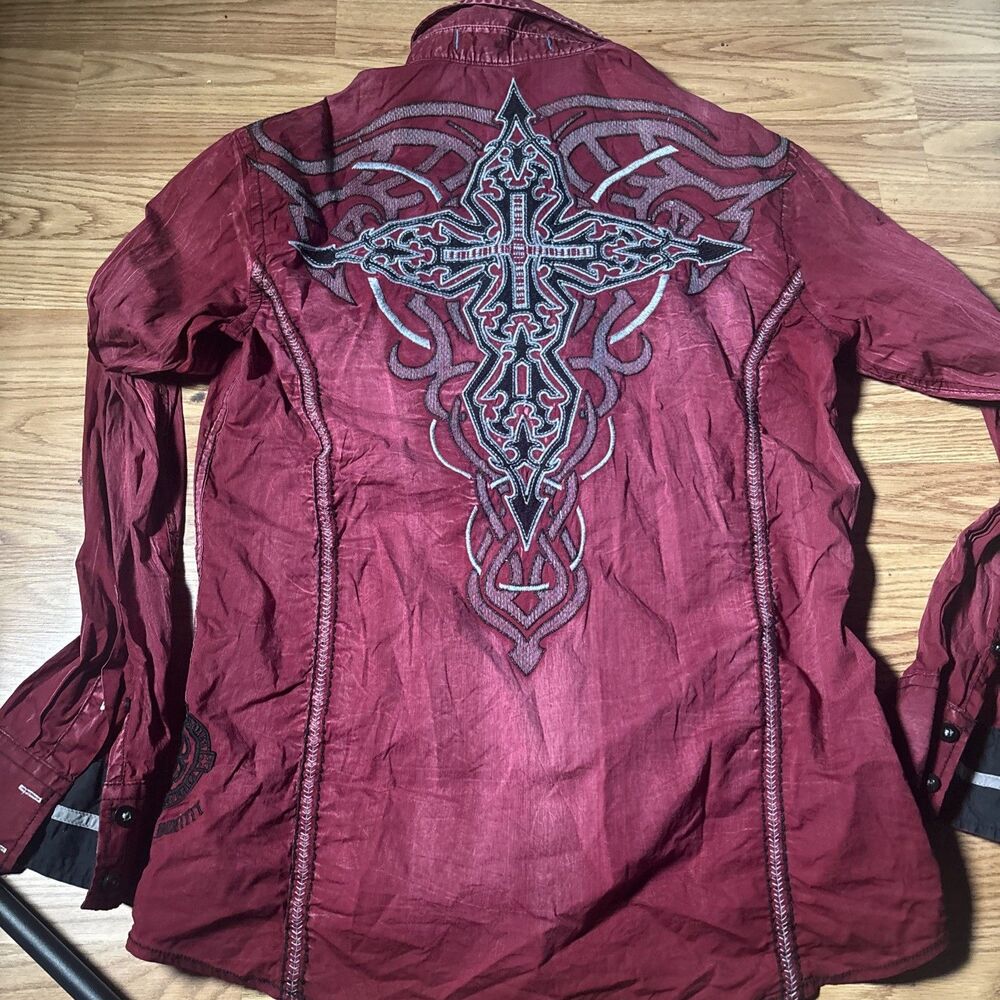 Roar Signature Mens Med Red Black Button Up Long Sleeve Cowboy Embroidered Y2K